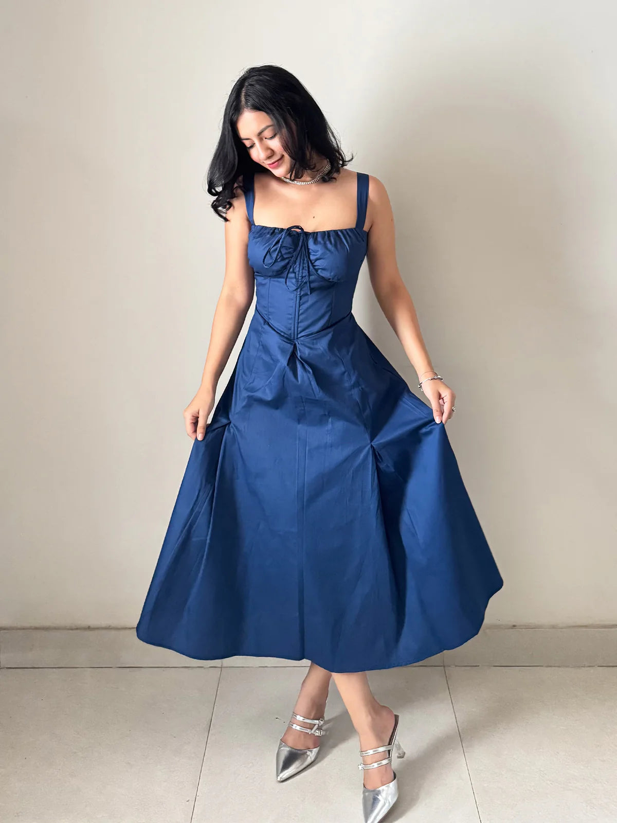 Navy Blue Corset Midi Dress for Women