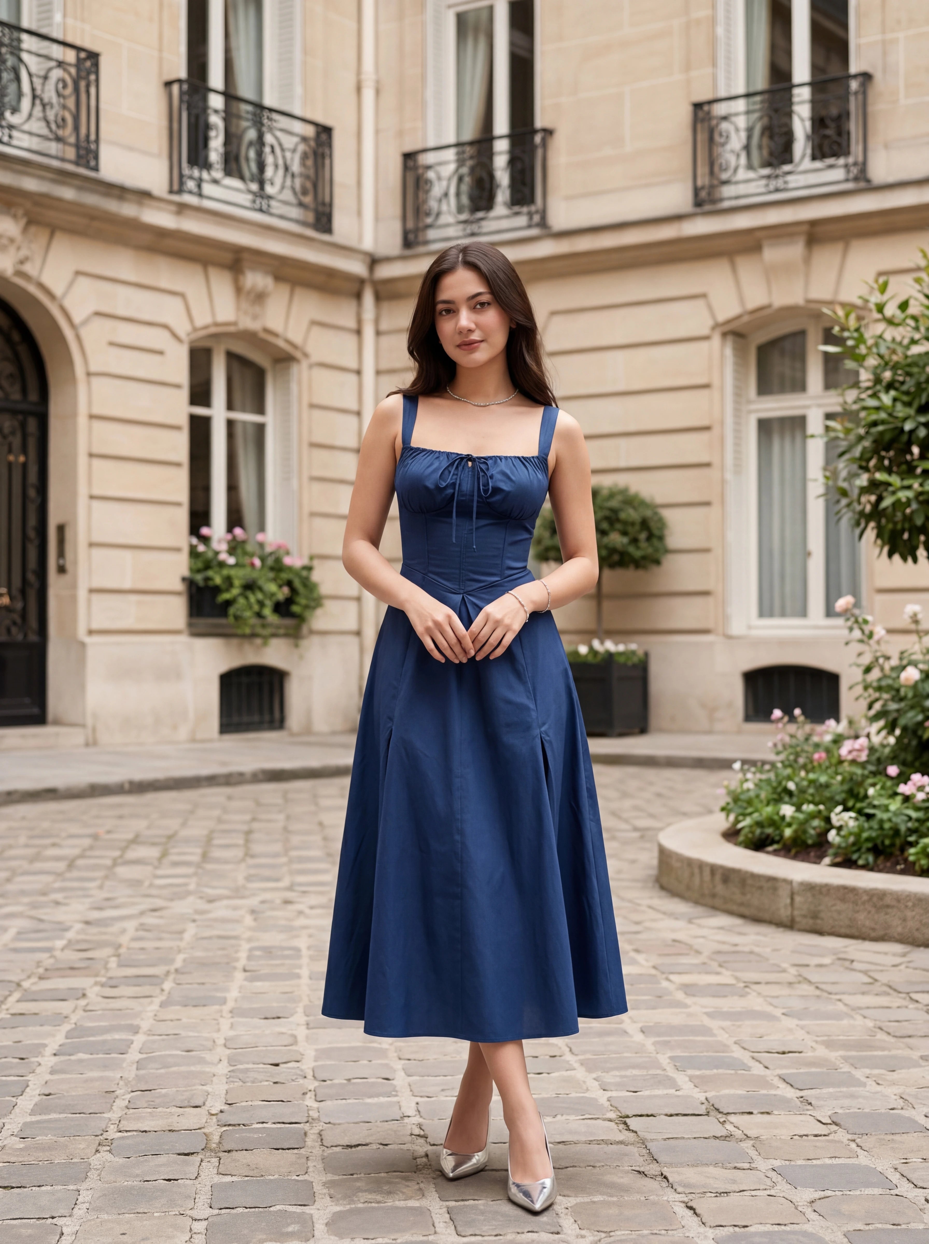 Navy Blue Corset Midi Dress for Women