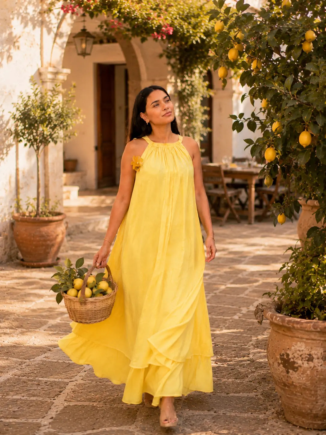 Pastel Yellow Blooming Mulmul Maxi Dress