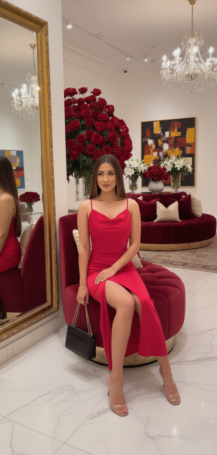 Red Satin Slit Dress