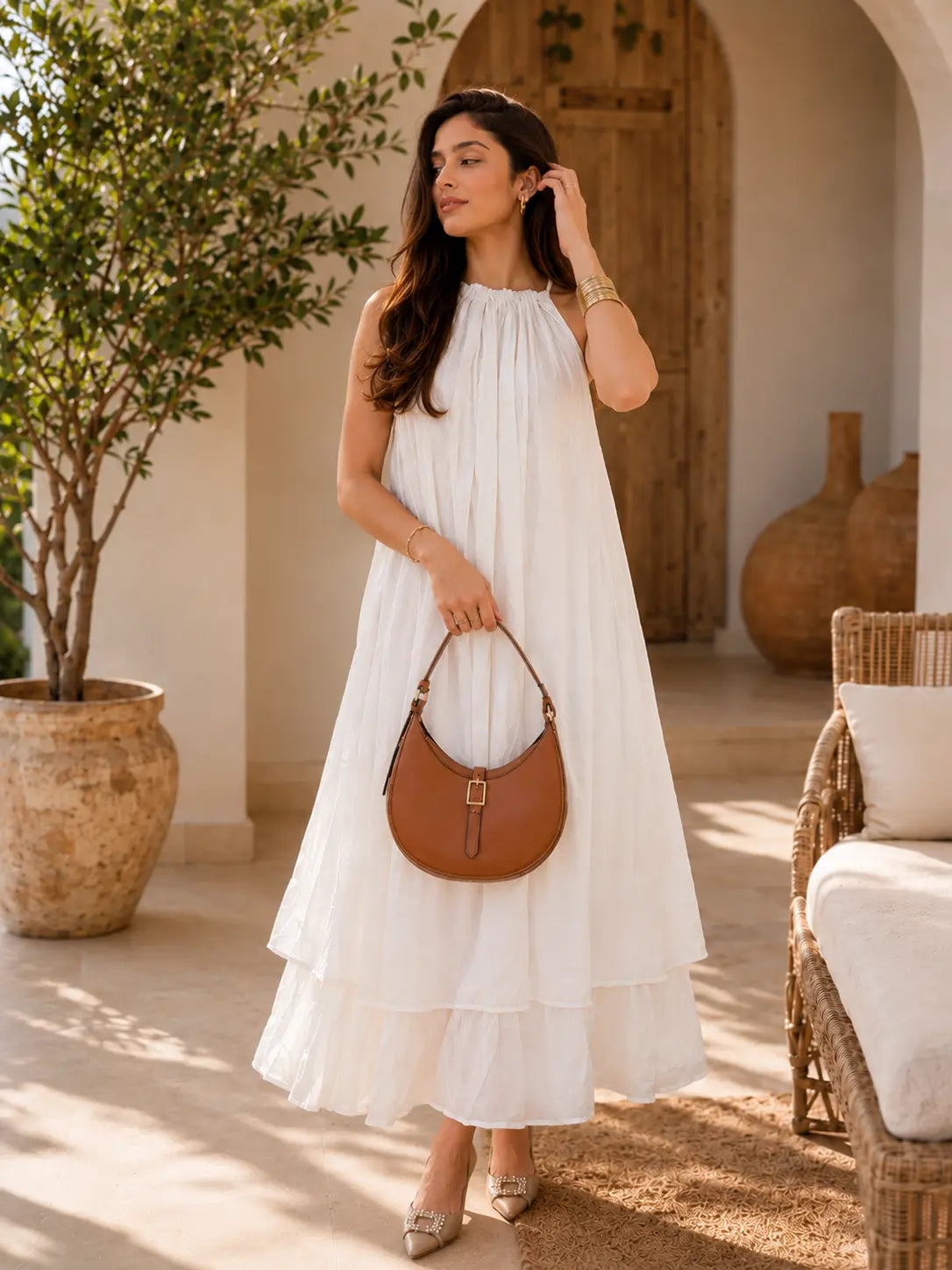 White Blooming Mulmul Maxi Dress