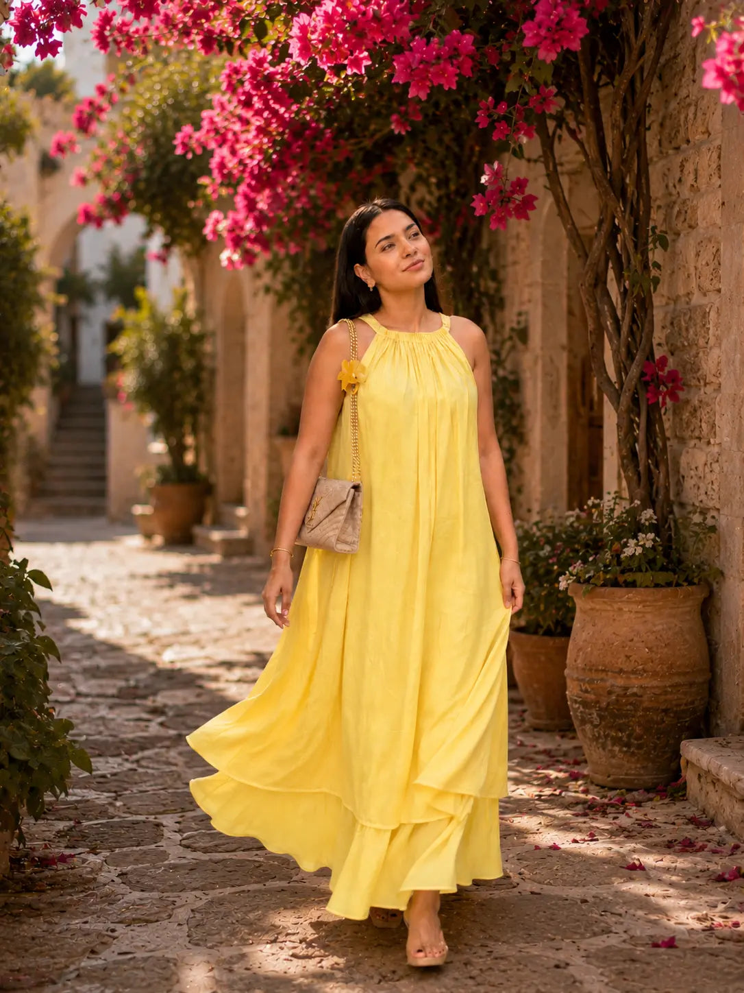 Pastel Yellow Blooming Mulmul Maxi Dress